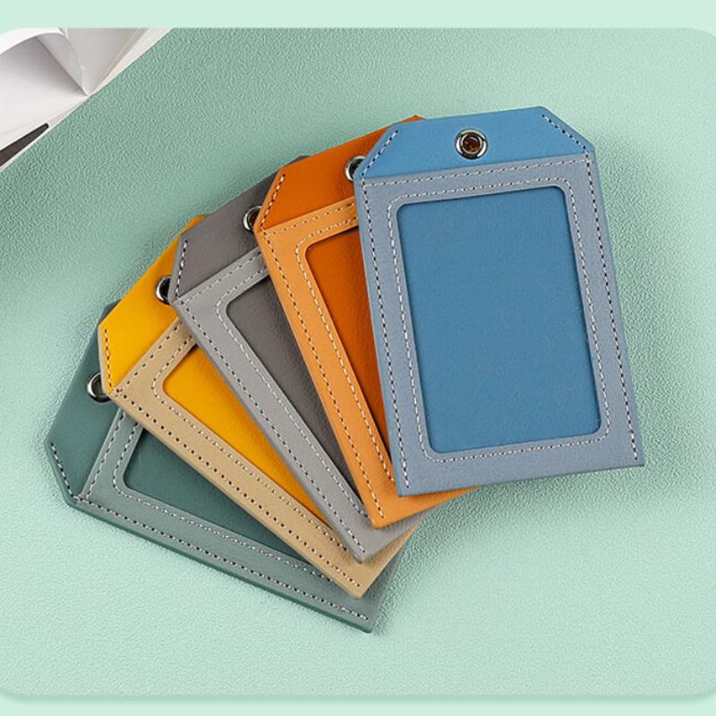 2 Card Slot Employee Work ID Card Set Hanging Rope PU Leather Bus Meal Card Chest Badge