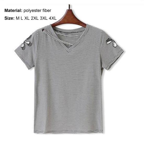 Women T-shirt V Neck Hollow Out Summer Short Sleeve Loose Blouse for