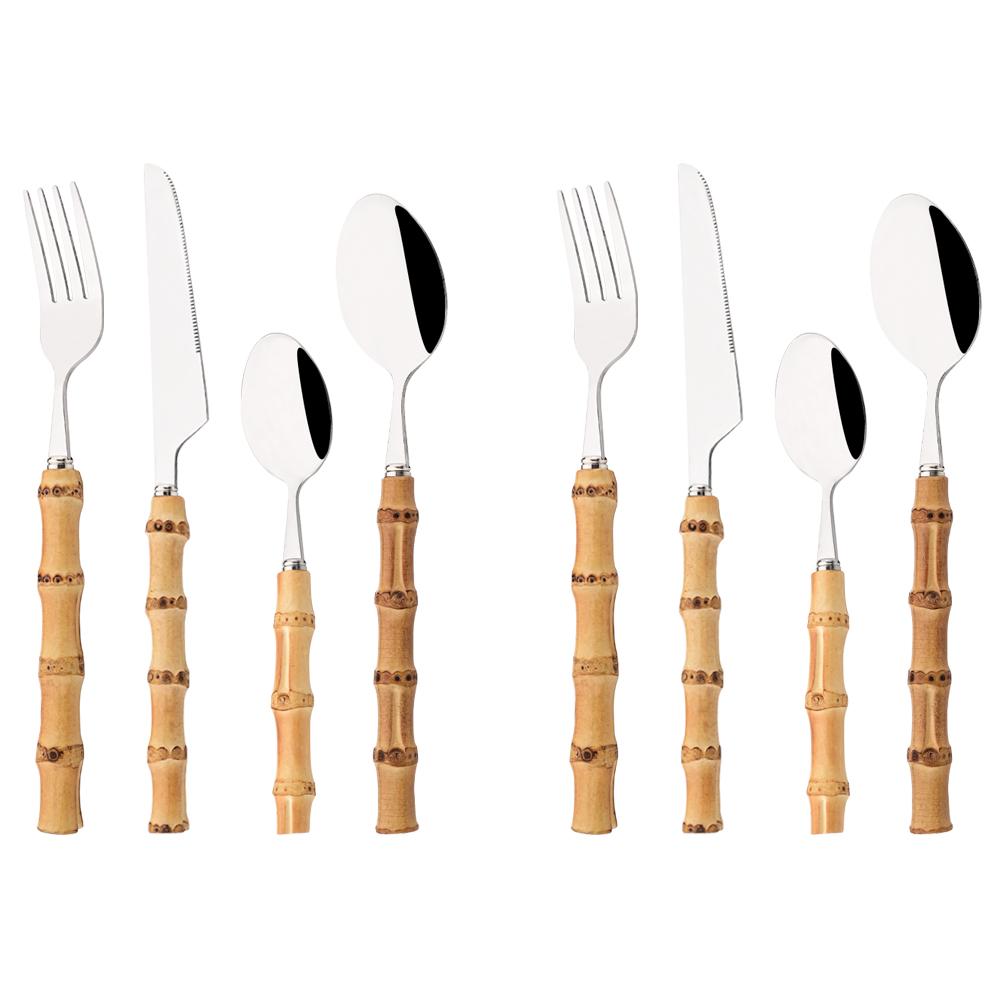 4/8/20Pcs Stainless Steel Flatware Cutlery Set Wood Bamboo Root Handle Dinnerware Knife Spoon Fork Tableware Kitchen Silverware