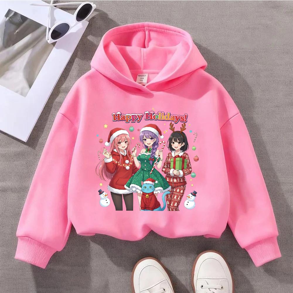 Festive Christmas Kids Hoodie with Adorable Anime Girls and Cute Cat Design for Season's Greetings