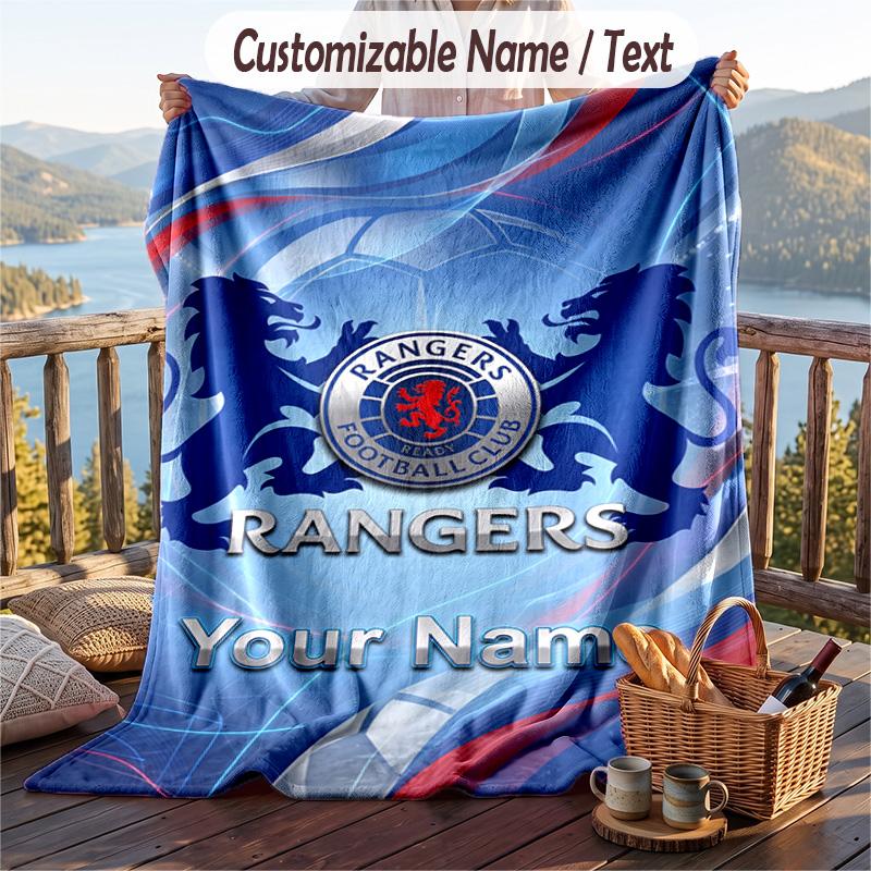Flannel Blanket Rangers FC Print Custom Name Text Soft Throw for Sofa Bed