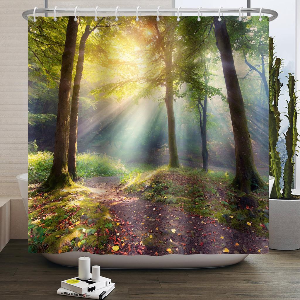 Tropical Forest Shower Curtain Natural Scenery Waterproof Trees Moss Bathroom Partition Screen Bath Curtain Polyester With Hooks