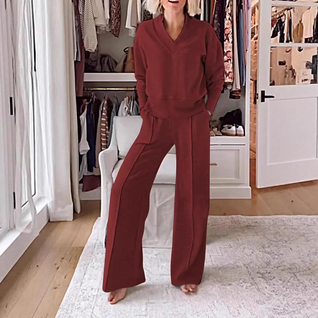 European & American Women's V-Neck Long Sleeve Top & Wide-Leg Pants Set for Autumn/Winter 2025.