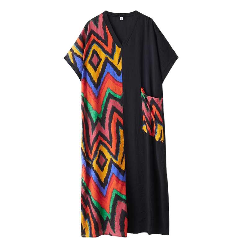 Summer Short Sleeved Contrasting Splicing Long Dress for Women