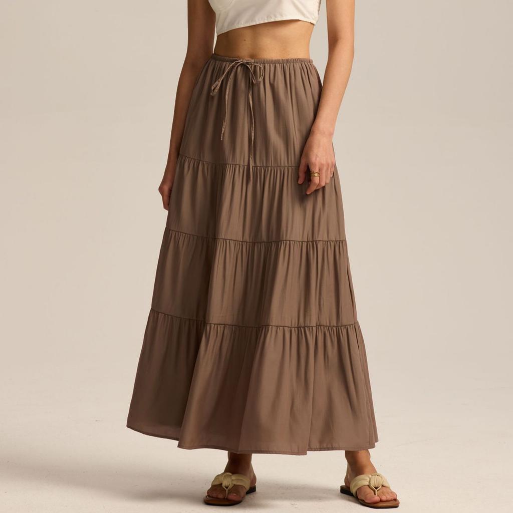 Damen Baumwollrock Hohe Taille Elastisch Schnürung Großer Schwingender Rock Lockere Naht Langer Rock