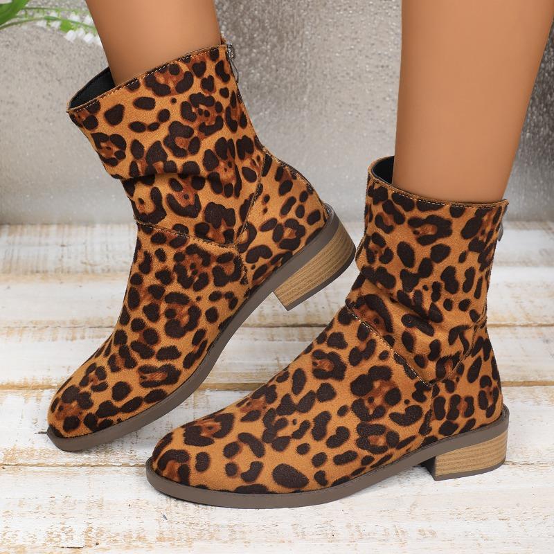 Botas de Tacón de Bloque con Cremallera Trasera Otoño Nuevo Punta Redonda Suede Leopardo Antideslizantes Resistentes al Desgaste Botines