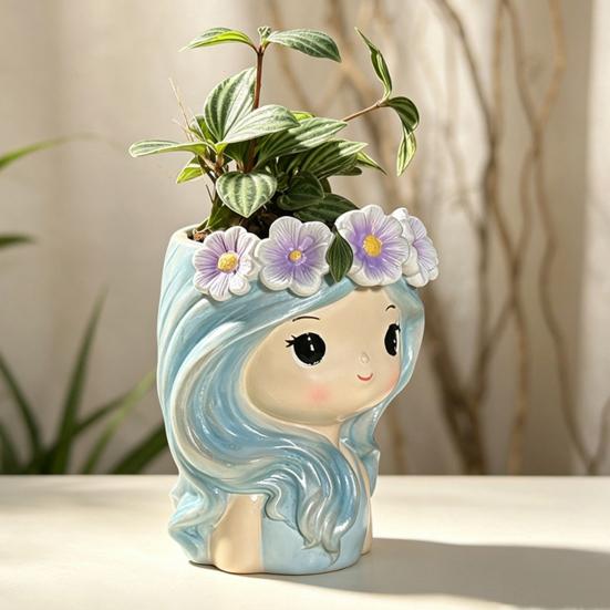 Cartoon Face Planter for Cacti Cute Girl Planter, Blue Hair Garland Head Indoor Plants Decorative Resin Plant Pot Succulents Healing Aesthetic