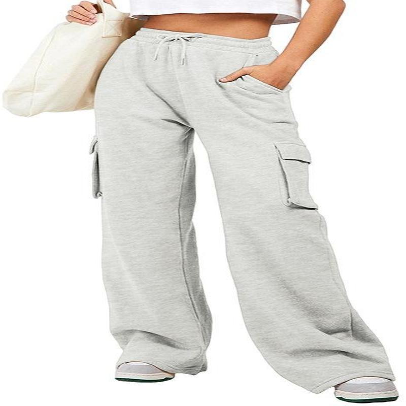 Women's Solid Color Drawstring High Waist Cargo Pocket Wide Leg Sweatpants Casual Loose Fit Sport Trousers