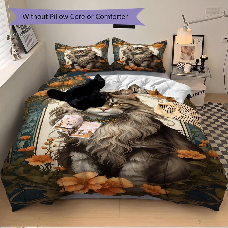 3Pcs Maine Coon Cat Portrait Bedding Set Soft Fabric Duvet Cover Pillowcases Home Christmas Xmas Halloween Gift 1 Duvet Cover 2 Pillowcase G1242