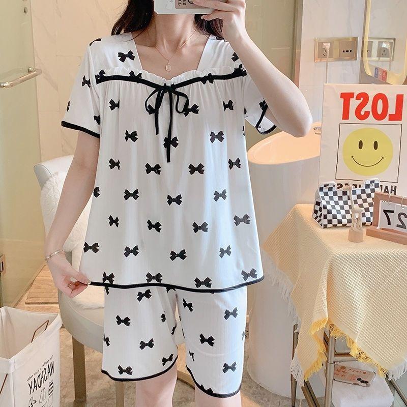 Square Necked Pajamas Women's Summer Short Sleeved Set Double Short Bow Simple and Loose Small Fragrant Home Clothing