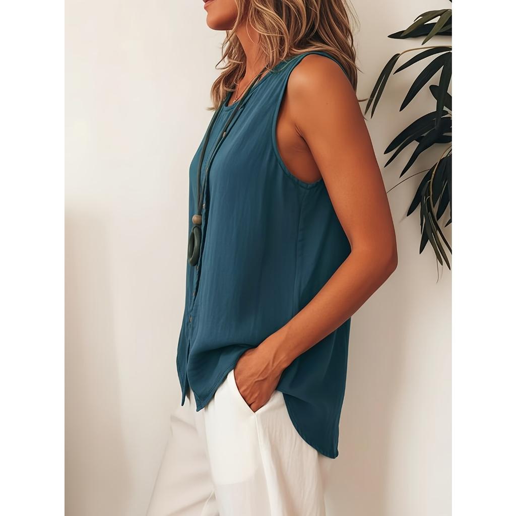 Dames mouwloos knoophemd, zijkant, enkelzijdig gesloten, los vest, bohemien stijl, casual top