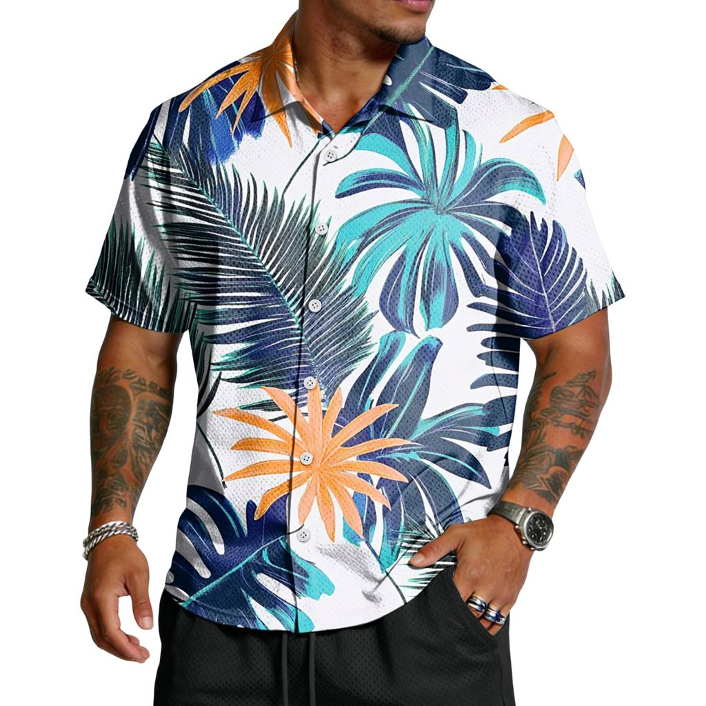 Men’s Short Sleeve Button Down Shirt with Palm Tree Print Casual Collared Relaxed Fit Lightweight Top for Summer