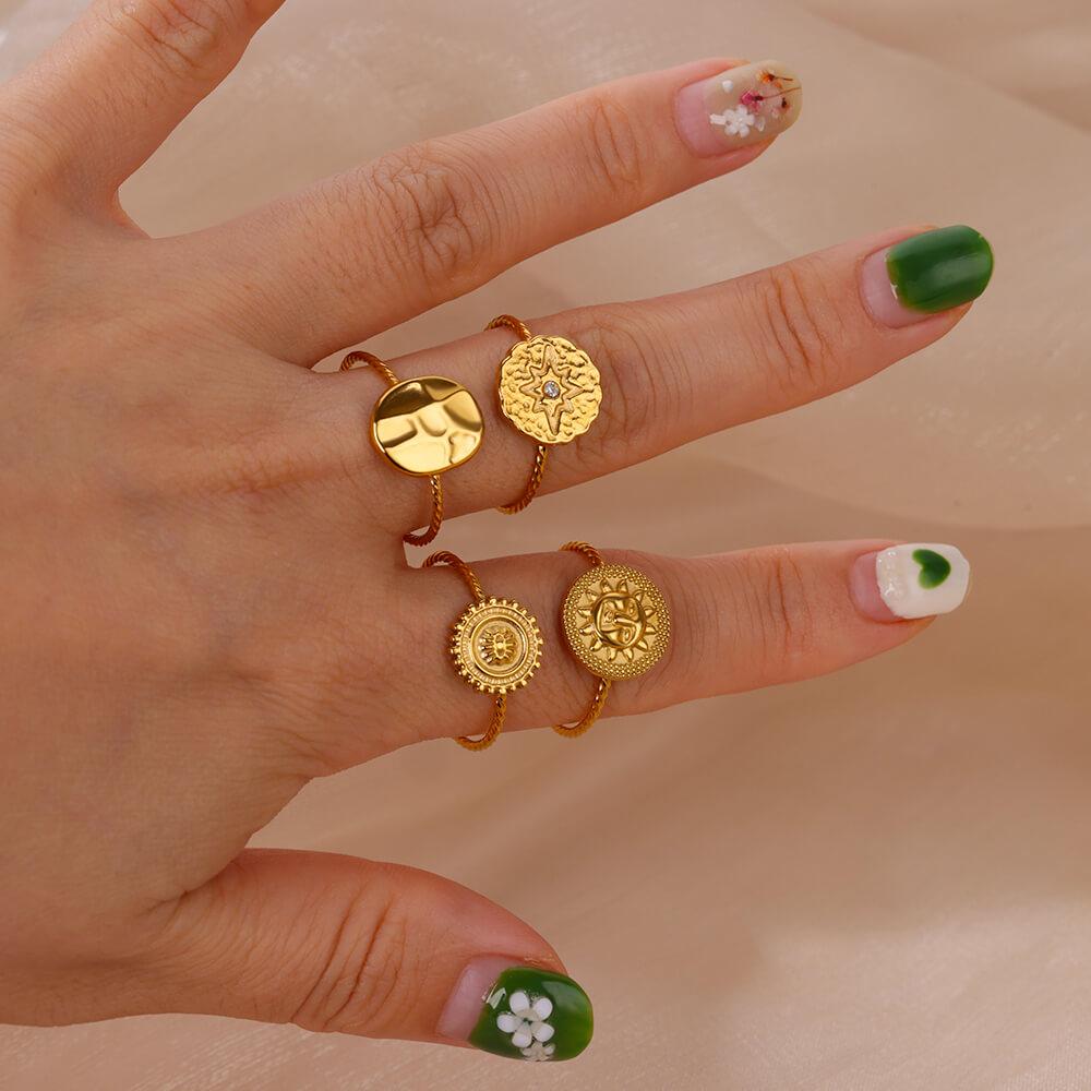 Stainless Steel Sun Rings For Women Gold Color Round Sun Opening Geometric Ring Vintage 2024 Trending Luxury Jewelry Gift