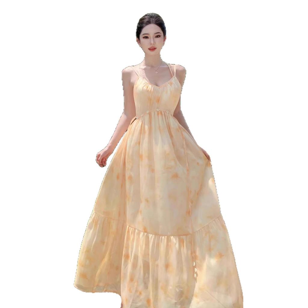 European and American New French Smudge Suspender Dress Summer Seaside Vacation Style Big Skirt Long Dress