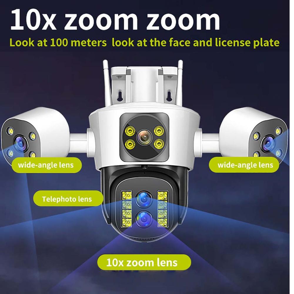 8K 16MP Wifi IP Outdoor Four Lens 10X Zoom PTZ Camera Auto Tracking Smart Security Protection Video Surveillance