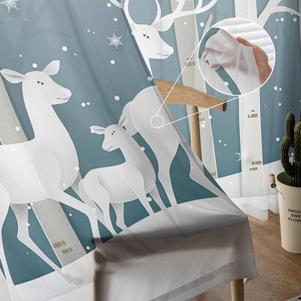 Christmas Elk Curtain Cartoon Xmas Forest Tree Deer Winter Snowflake Semi Living Room Voile Window Treatment Light Filtering Polyester Ideal For Great
