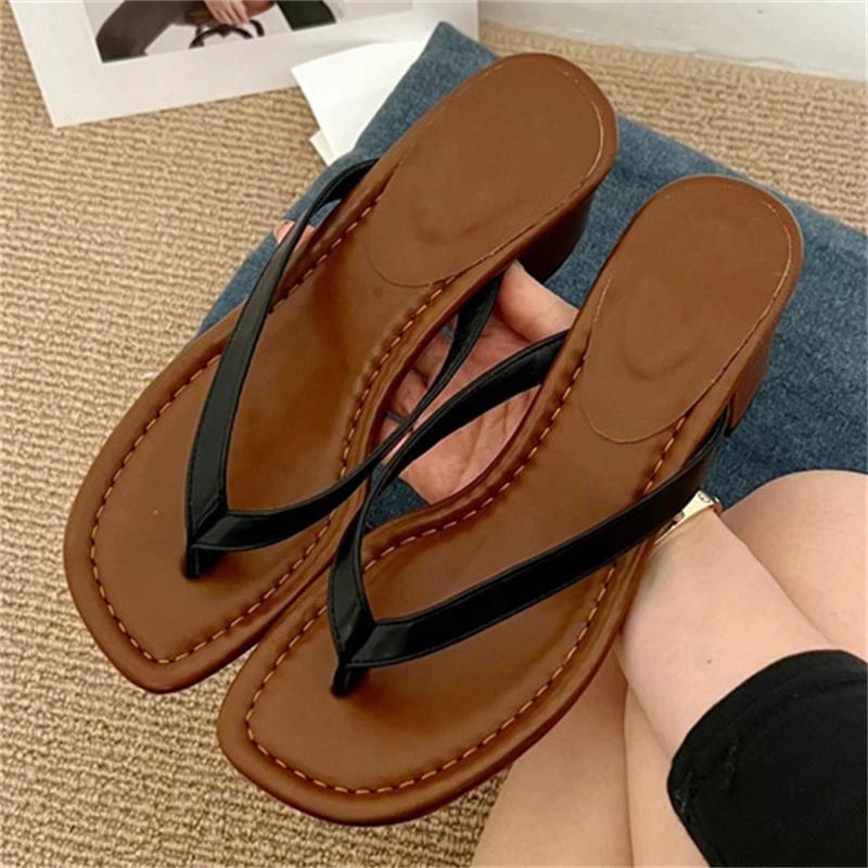 Summer Clip Toe Square Low Heels Women Slippers Sandals Fashion Casual Flip Flops Party Shoes Zapatos De Mujer