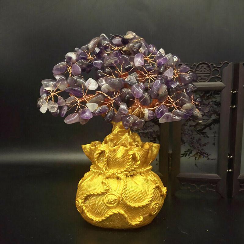 Exquisite Feng Shui Money Tree Featuring Yellow Citrine And Amethyst Crystal Leaves