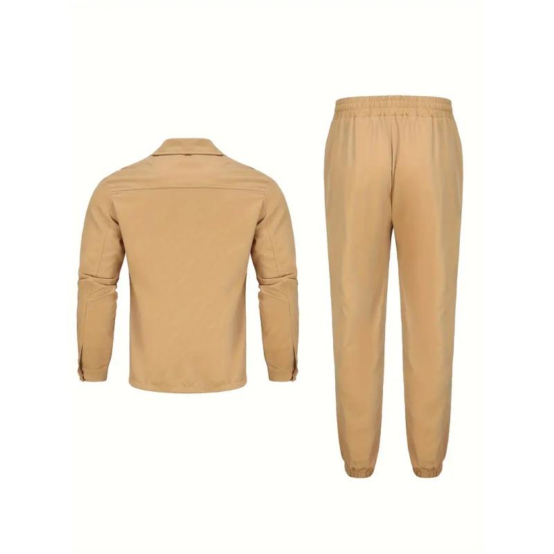 Men's, Solid Color Long Sleeve Button Down Jacket with Chest Pocket and Drawstring Pants with Multiple Pockets, Outdoor 2 Piece Set