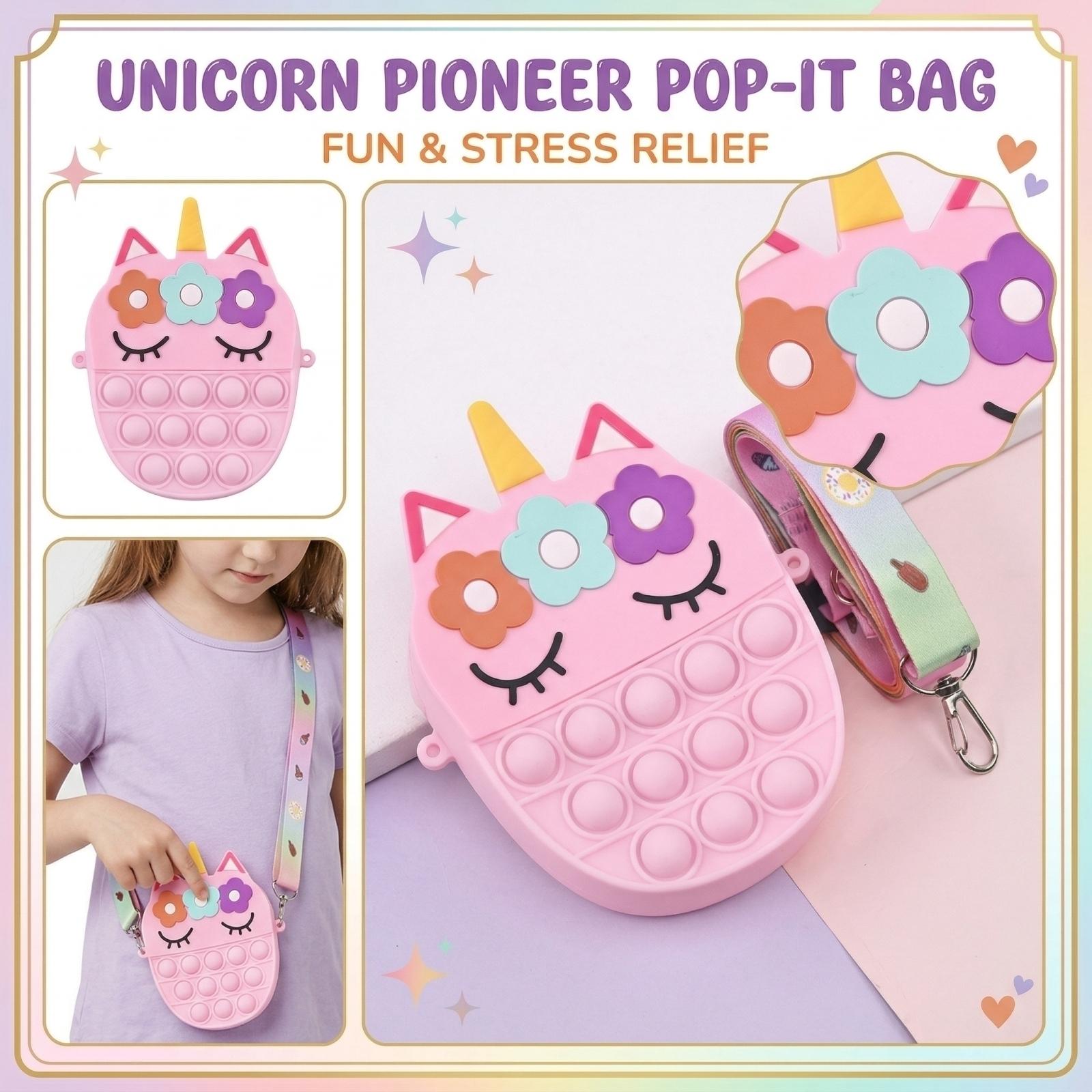 

Silicone Cartoon Unicorn Coin Purse with Push Pop Bubble Design Adjustable Crossbody Strap Zipper Closure Lightweight Kids Bag One Size розовый