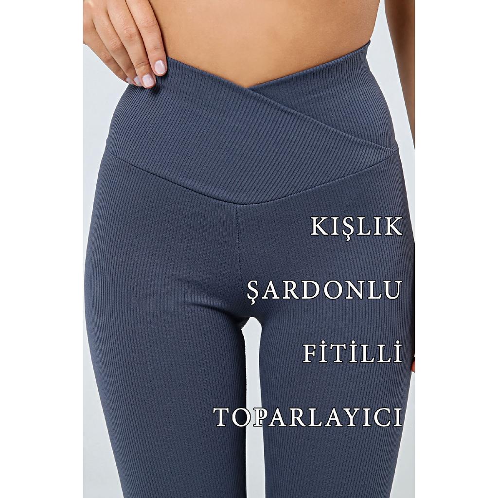 Women's Black Cross Waist Tights With Ribbed Wrap And Fleece Inside