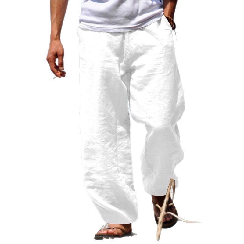 

Summer Men s Slacks Men s Solid Color Thin Cotton Hemp Casual Straight Pants Men M белый