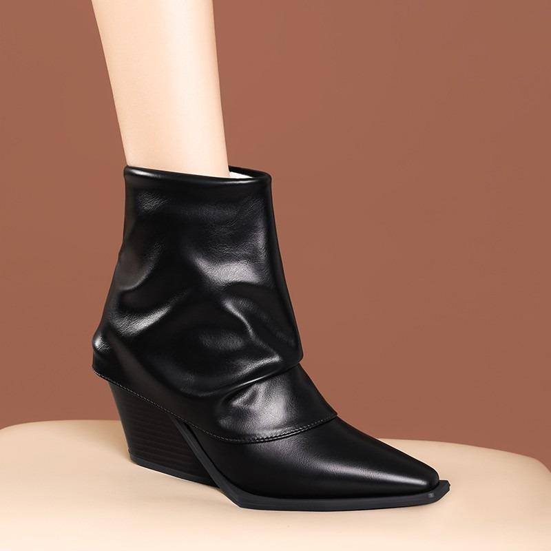 Damskie Buty 2026 Nowe Damskie Botki z Bocznym Zamkiem Modne Odwrócona Krawędź Biurowe i do Kariery Seksowne Szpiczaste Botki na Koturnie