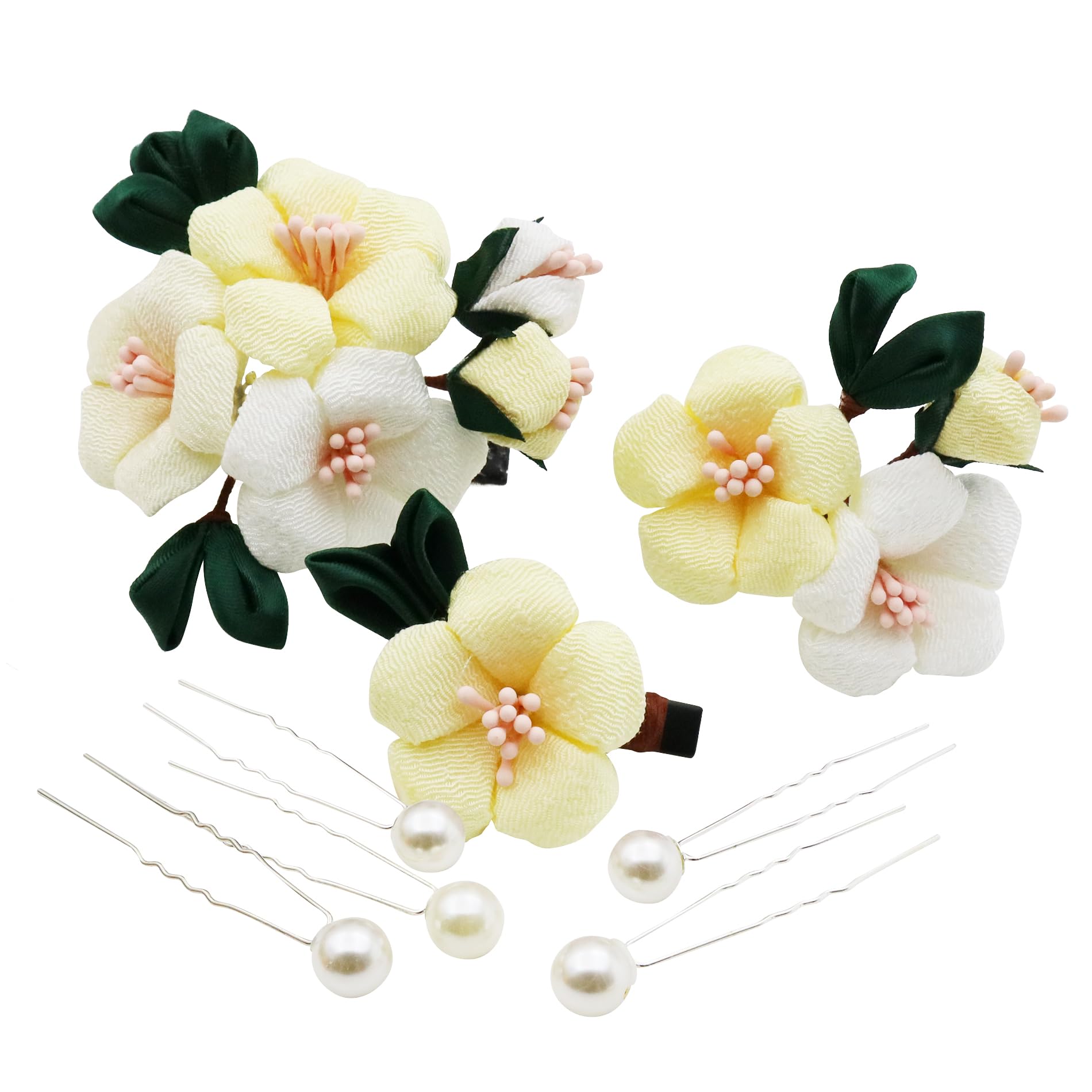 

JZOON Hair Ornament Set with Tsumami Zaiku Colors Perfect for and Available in and H2472 3-Piece (5 Available) - Camellia, Pearl, Handmade,