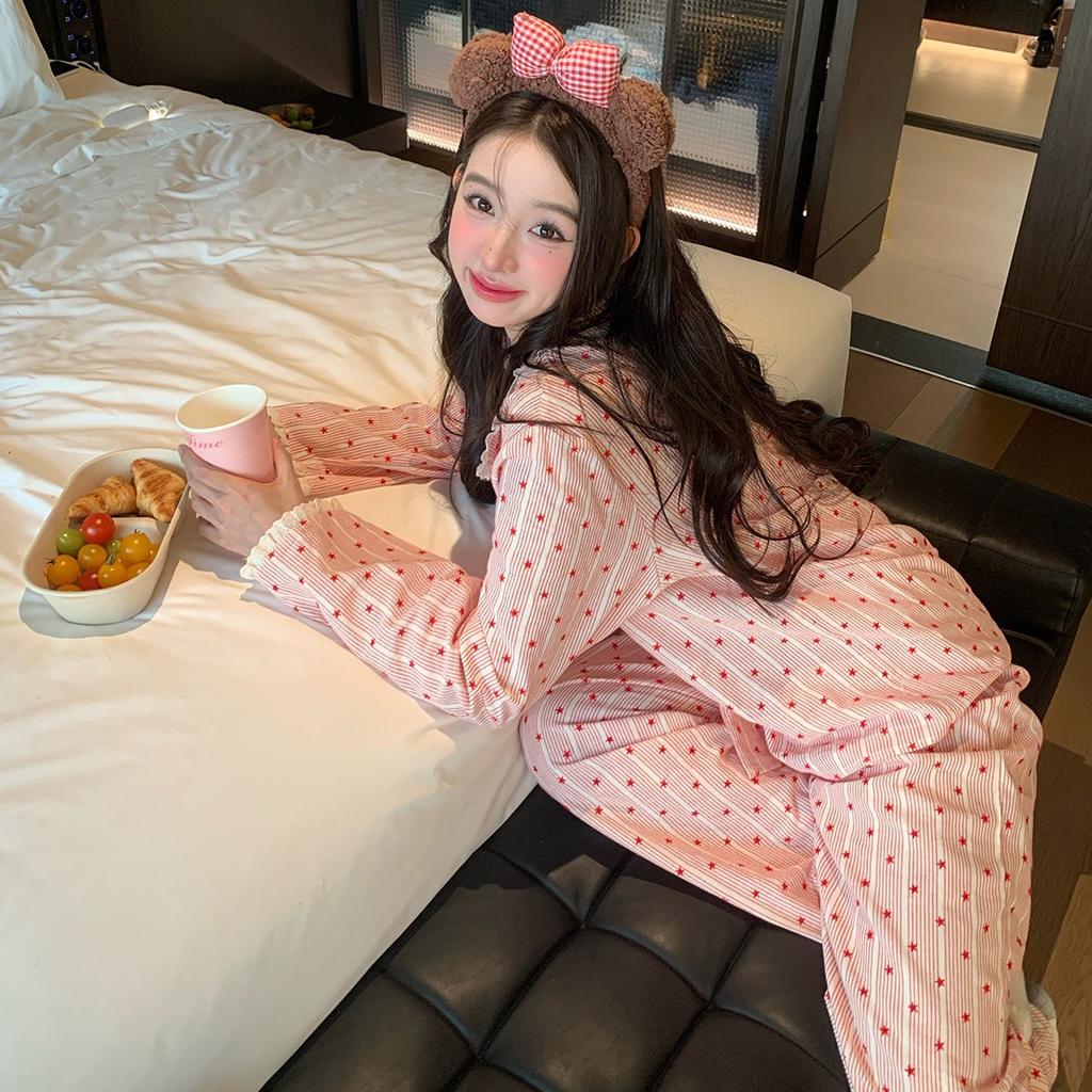 Korean version of simple style striped pajamas spring and autumn lace long-sleeved trousers suit girl ins style loungewear