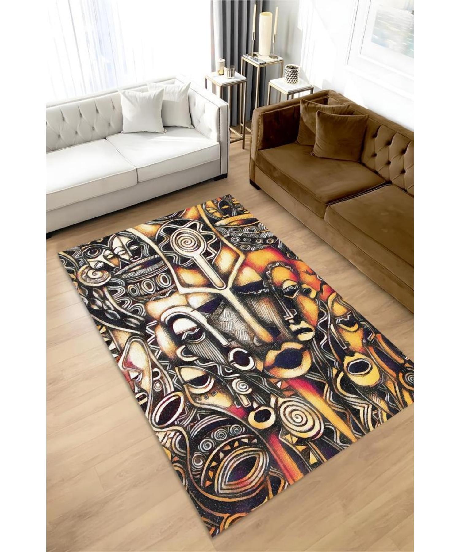 

African Masks Woven Based Washable Decorative Carpet