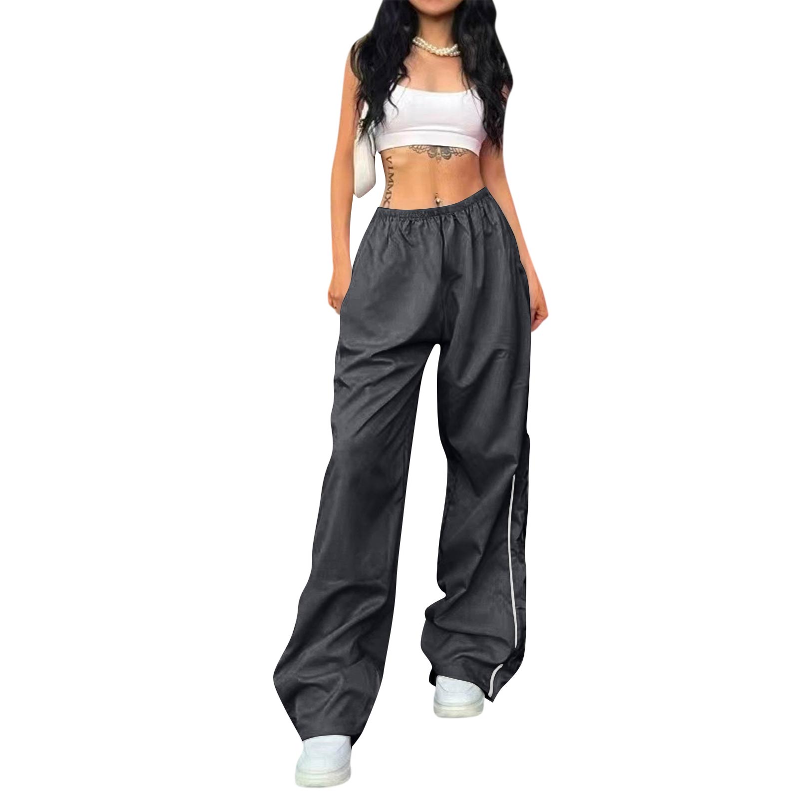 

Casual Drawstring Waist Long Pants with Side Adjustable Cords Elastic Waistband Loose Fit Lightweight Trousers for Summer L