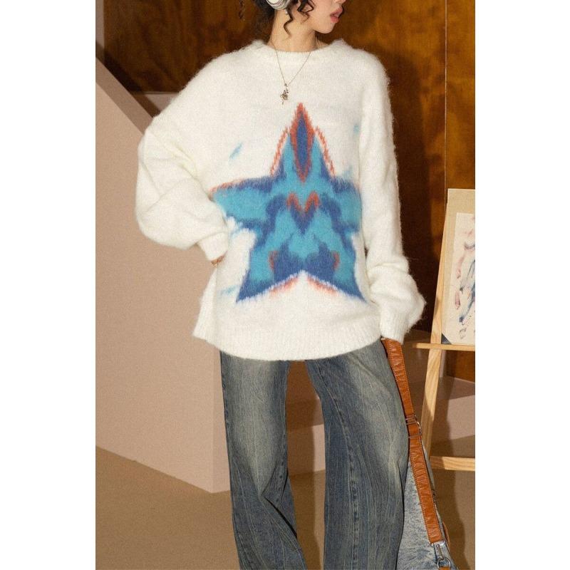 Five Pointed Star Women's Long Sleeved Sweater Round Neck Soft Women's Pullover Sweaters American Style Autumn Loose Woman Top