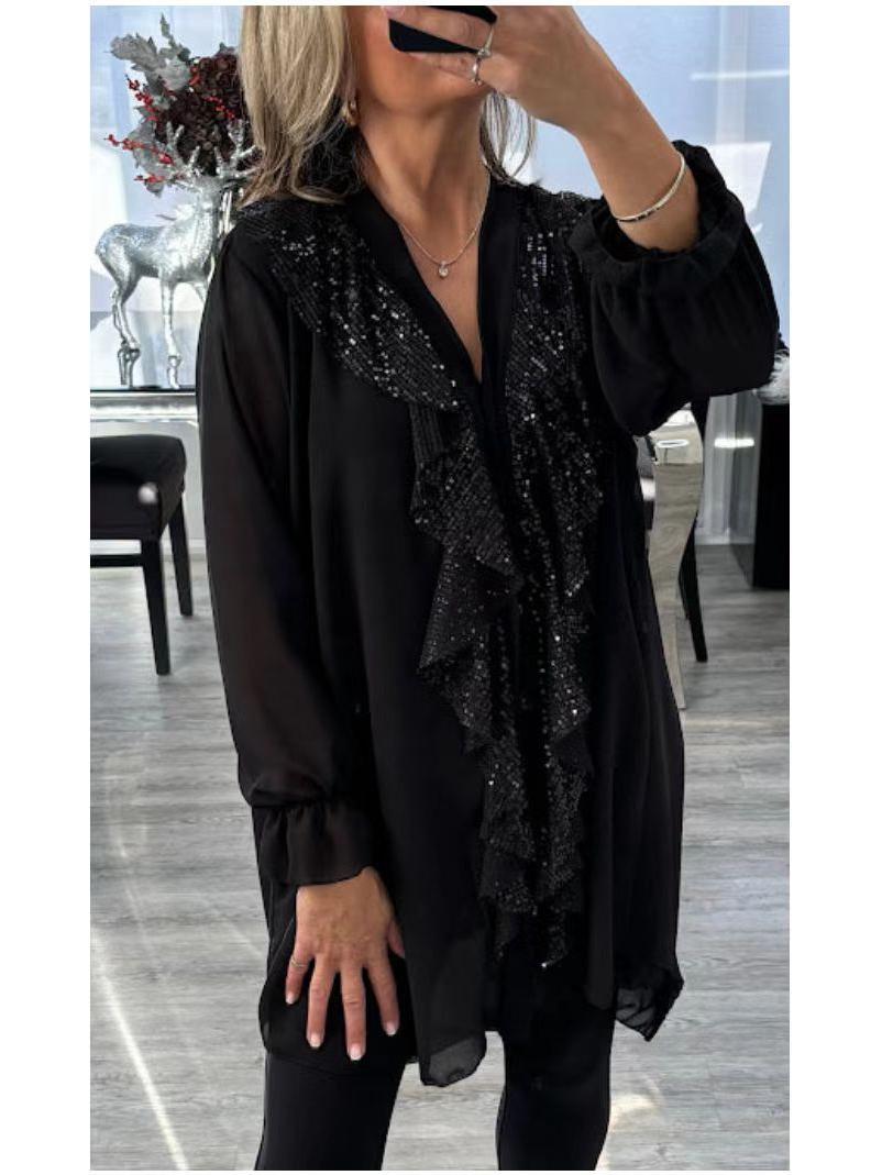 

2024 V-neck Chiffon Long Sleeve Mid-length Shirt with Sequin Patchwork for Women S чорний