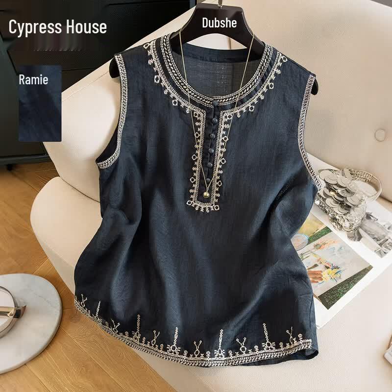 Sisbosh Women s Contrast Embroidered Ramie Sleeveless Blouse L темно-синий