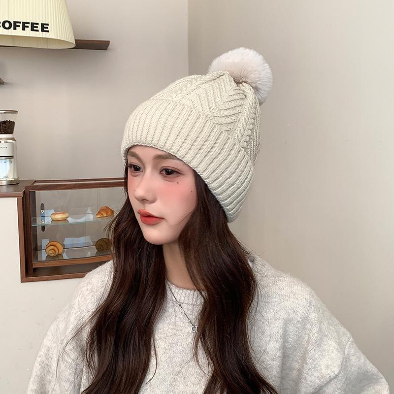 Plus Velvet Warm Ear Protection Windproof Woolen Hat Women's Autumn and Winter Solid Color Versatile Cold Hat Cold Proof Wool Ball Knitted Hat