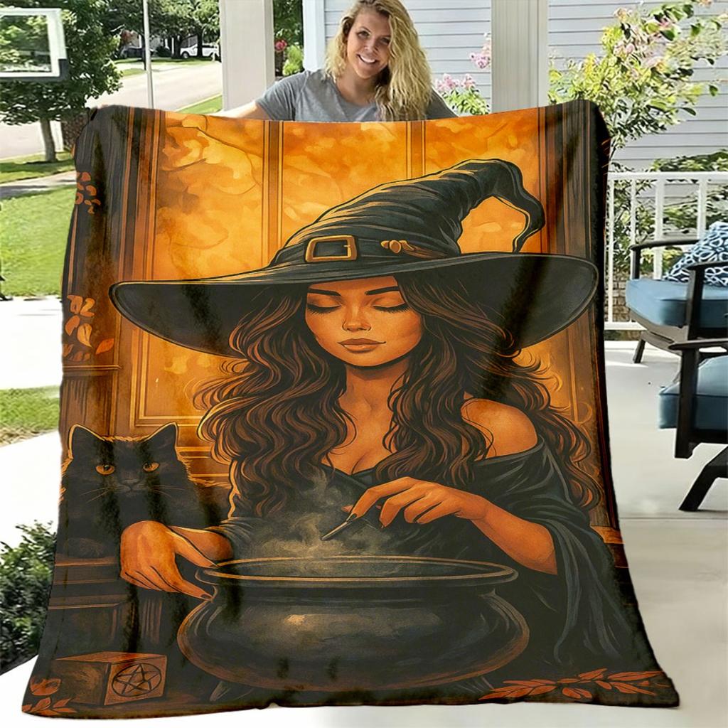 Witch & Wizard Magical Theme Flannel Blanket Super Soft & Warm AllSeason Luxury Bedspread with Enchanted Witches, Black Cats, Cauldrons & Potions Desi
