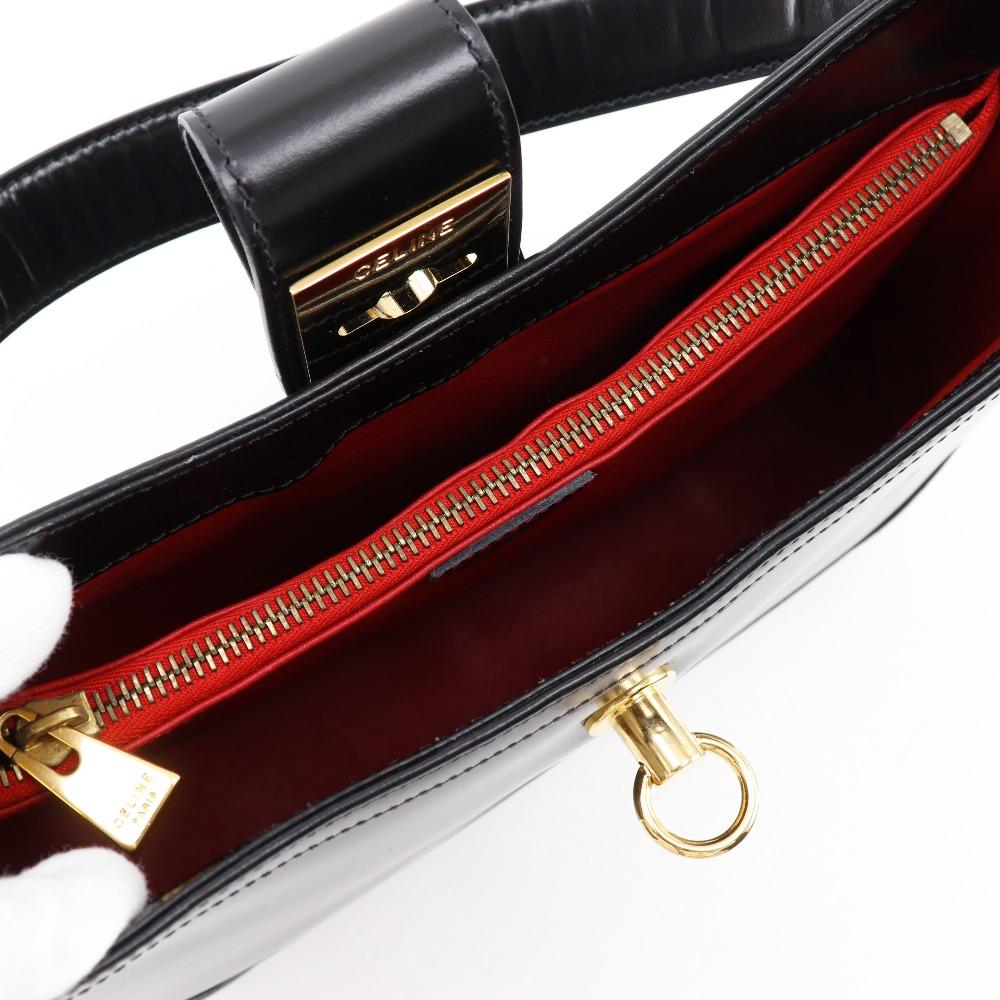 CELINE logo Shoulder Bag vintage black Calfskin Women Used