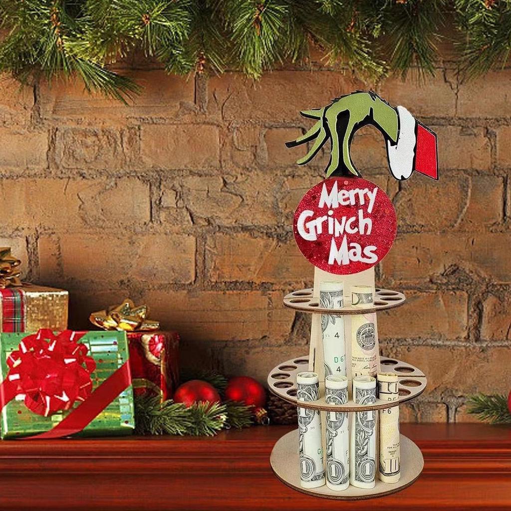 Christmas Unique Money Holder Double-Layer Cash Holders, Green  Desktop Money Holder, Wooden Holder For Placing Money