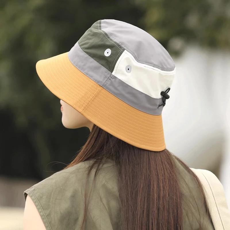 1Pcs Summer Color Block Sun Hat for Women UV Protection Breathable Fishing Camping Hiking Bucket Hat With Windproof Rope Caps