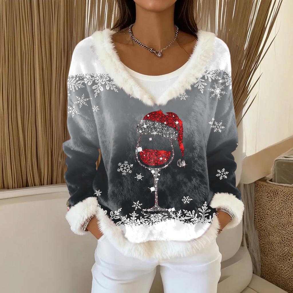 Dame Mote Plysj V-hals Pullover Topp Langermet T-skjorte Juletrykket Genser