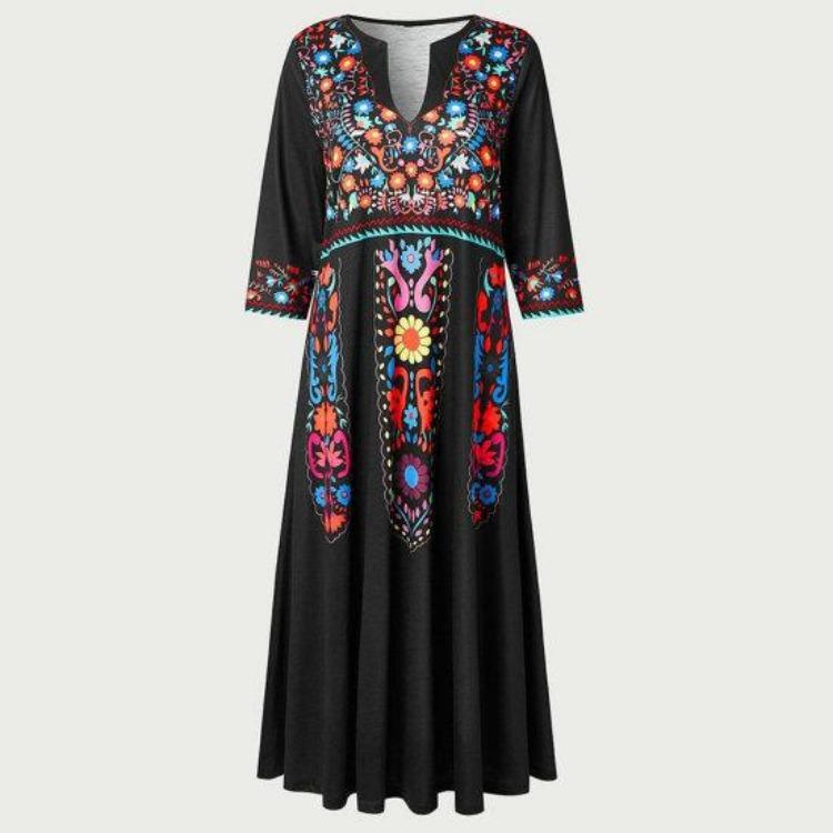 Plus Size Lady Dress V Neck Three Quarter Sleeves Bohemian Sexy A Line Loose Hem Pockets Retro Ethnic Style Print