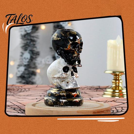 Candle Holder with Halloween Theme Stacked Skull Holder, Pillar Stand, Retro Spooky Tealight for Gothic Home Indoor Table Decor Decorative