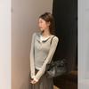 Flower ash fake two-piece splicing V-neck long-sleeved T-shirt women's autumn new slim-fitting and thin button-bottomed shirt top