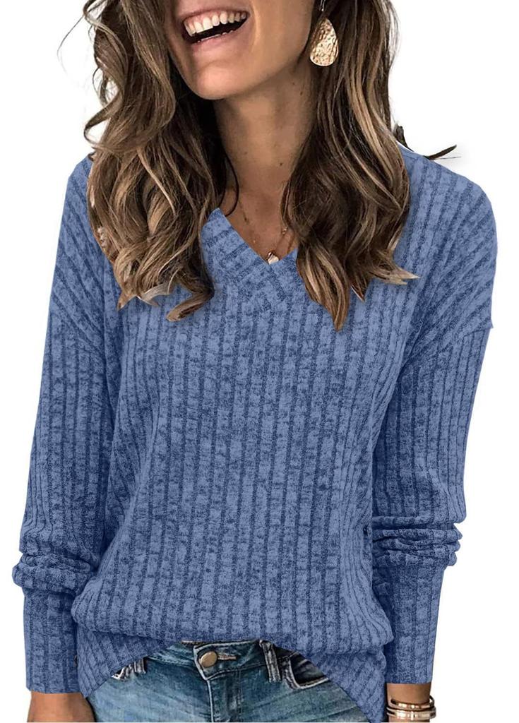 Women's V Neck Long Sleeve Ribbed Knit Top Loose Fit Vintage Brushed Pullover Casual T Shirt