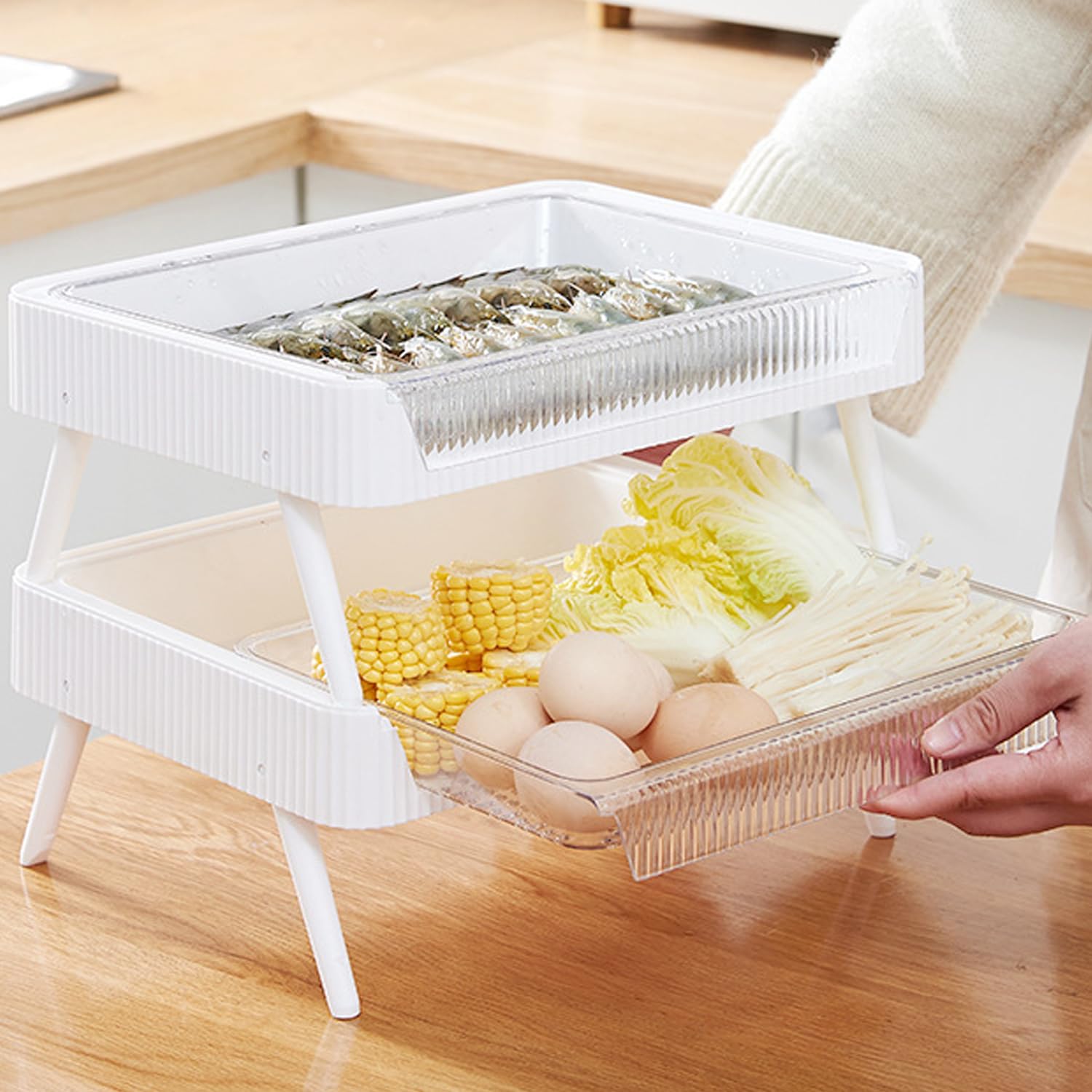 Набор для хранения продуктов для хот-пота с контейнером-органайзером для кухни, 2, в стиле ящика, штабелируемый, с поддоном для стекания воды, многоцелевой, для хранения овощей, мяса, белый
