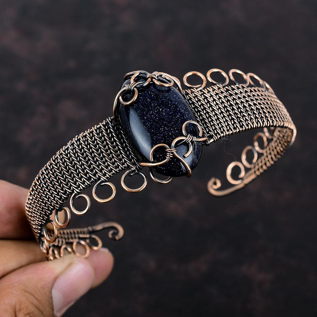Blue Sunstone Bangle Copper Wire Wrapped Cuff Bracelet Gemstone Jewelry Adjustable Cuff Bracelet Copper Wire Wrap Jewelry Handmade Bracelet