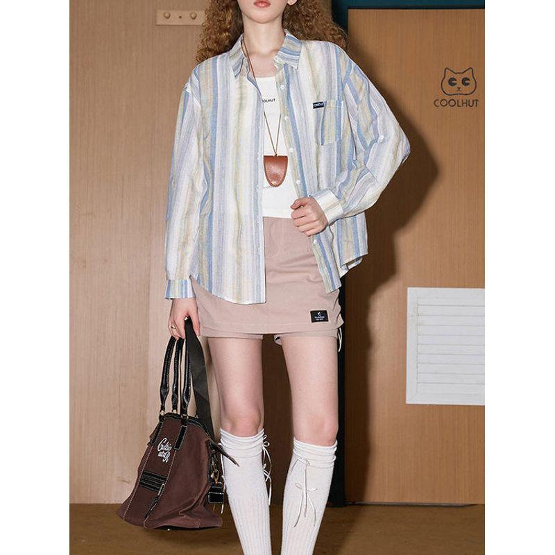 Coolhut2026 Spring and Summer New Product Lazy Rainbow Line Shirt Jacket Blue Stripesd Off-Shoulder Women's Long Sleeves