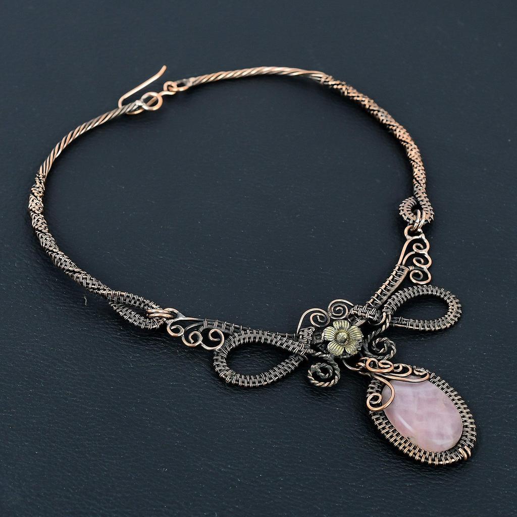 Rose Quartz Necklace Handmade Jewelry, 999 Copper Wire Wrapped Necklace Designer Gemstone Jewelry Adjustable Chain Necklace Gift For Mom