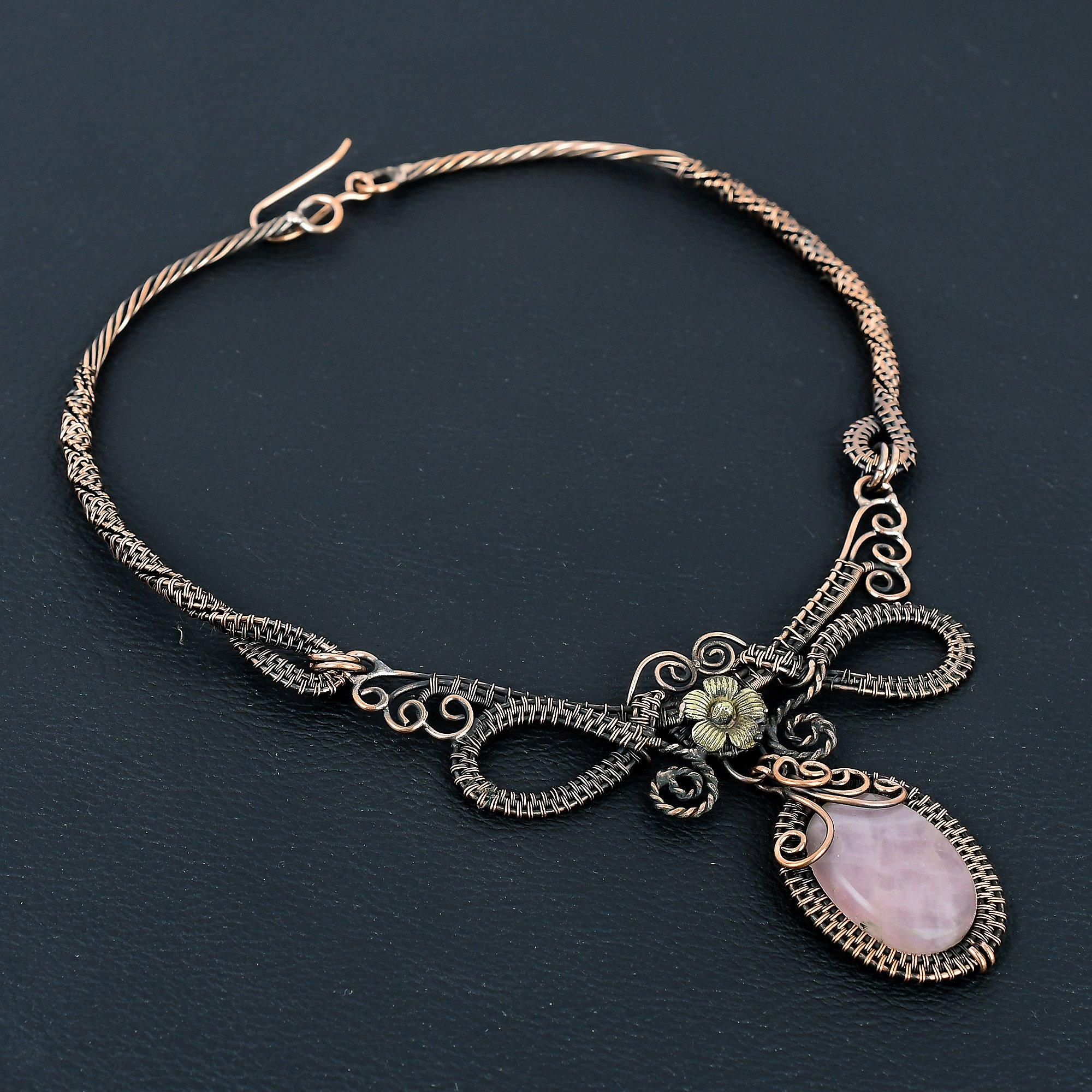 

Rose Quartz Necklace Handmade Jewelry, 999 Copper Wire Wrapped Necklace Designer Gemstone Jewelry Adjustable Chain Necklace Gift For Mom 2.55 Inches