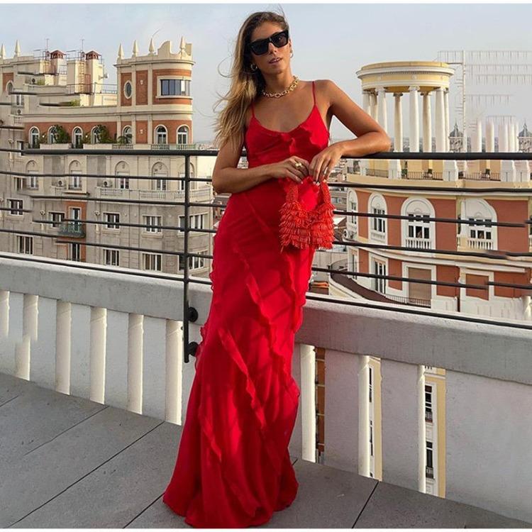 Sexy Elegante Dames Backless Mouwloze Spaghetti Bandjes Ruches Maxi Jurk voor Feest Club Zomerjurken